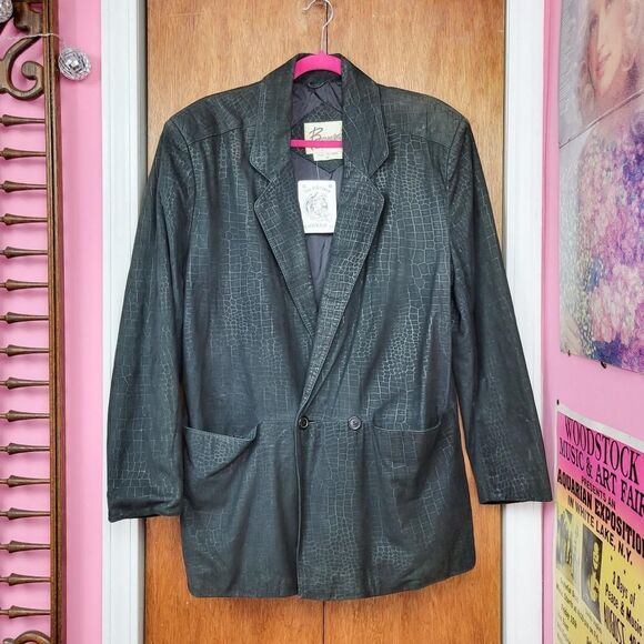 Vintage 80s Bermans Black Reptile Print Suede Leather Blazer Jacket - Picture 4 of 8